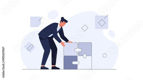 Businesswoman assembling puzzle pieces, teamwork, strategy, problem solving concept