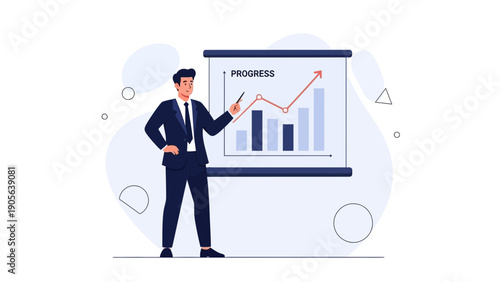 Businessman points to upward trending graph on presentation screen, showing progress.