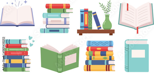 Cartoon Books and School Textbooks Vector Set with Bookmark – Stacked and Open Books for Reading, Library, Bookshelf, Study, Learning and Education Illustration Isolated on White