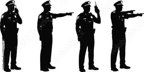 Black, and, White, Silhouette, Illustration, of, Police, Officers, in, Uniform, Using, Radio, and, Pointing, Isolated, on, White, Background, Law, Enforcement