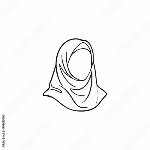 Simple black and white line art drawing of a beautiful muslim woman wearing a modest hijab headscarf for religious cultural expression design
