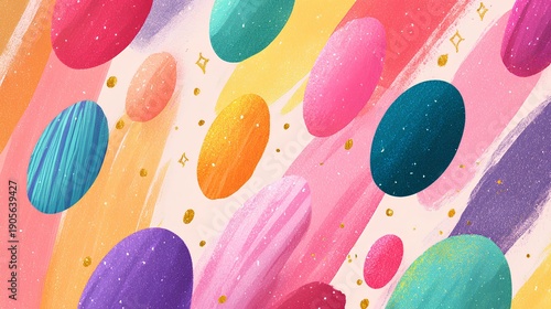 Colorful Festive Background: A vibrant backdrop bursting with colorful brushstrokes and whimsical, egg-shaped forms, perfect for conveying themes of celebration and joy.