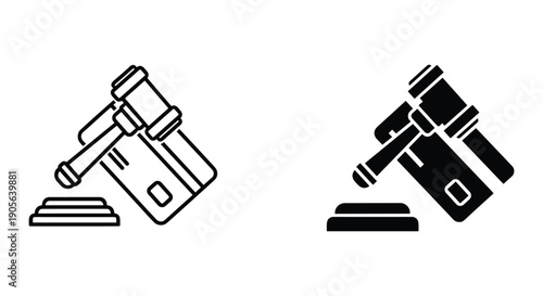 Gavel and Sound Block Icon Set, Black and White, Legal Symbol