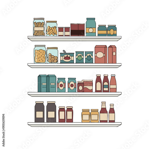 Organized Pantry Shelves with Assorted Food and Kitchen Items