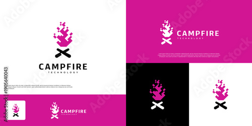Abstract logo composed of pixels in the shape of a bonfire, modern technology, vector graphic template.
