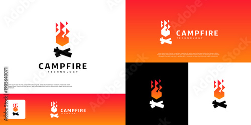 logo inspiration with a bonfire concept, symbolizing a gathering point, a center of technology, connection, graphic vector illustration.