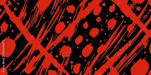 Abstract red and black brushstrokes create a dynamic textured background