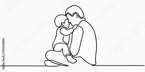 A mother and child share a tender moment in a continuous line drawing
