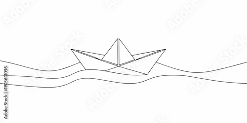 Simple line drawing depicting a paper boat floating on wavy water