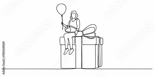 Abstract line drawing of a girl sitting on a gift with a balloon