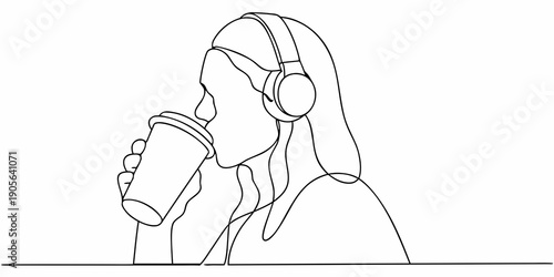 Continuous line drawing of a woman with headphones and a drink