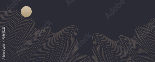 Vector abstract art landscape mountain with birds and sunrise sunset by golden line art texture isolated on dark grey black background. Minimal luxury style for wallpaper, wall art decoration.