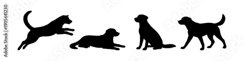 Dog silhouettes in different poses set, black animal shapes collection, minimal illustration of running sitting and standing dogs design
