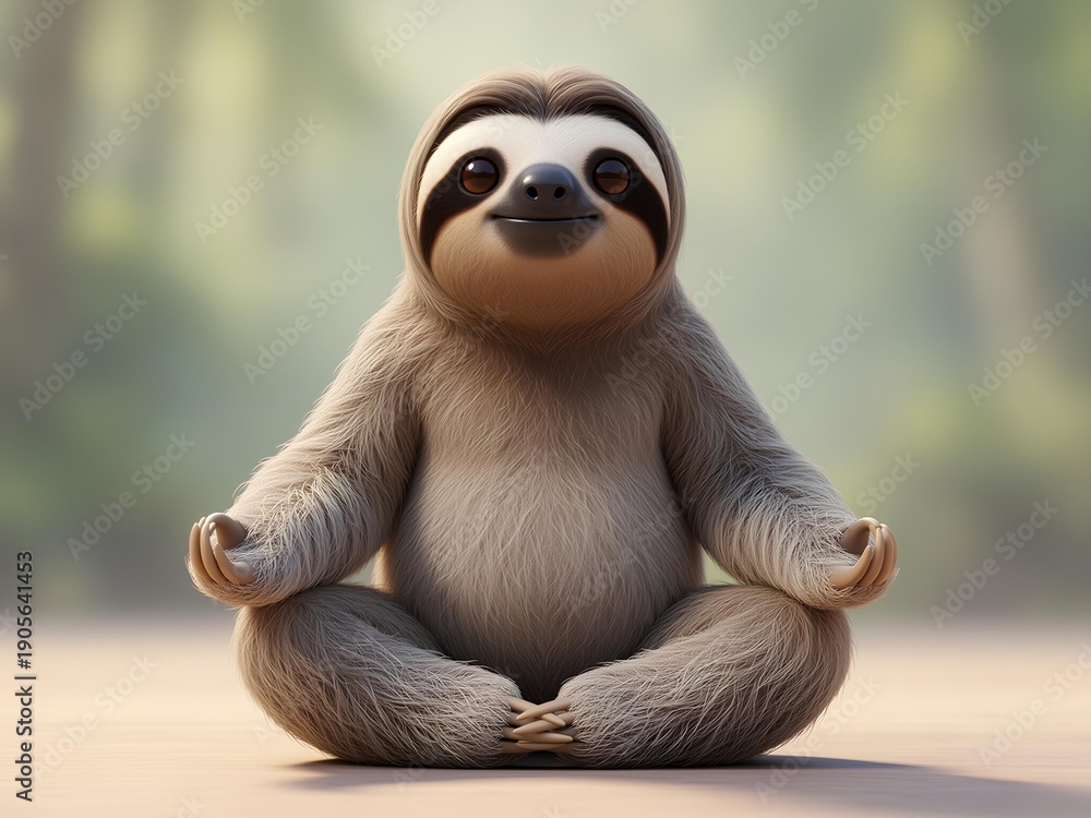 Obraz premium A cute cartoon sloth sits cross-legged, eyes closed in meditation, surrounded by a soft, green backdrop, radiating tranquility.