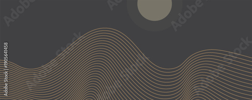 Vector abstract art landscape mountain with birds and sunrise with gold line art texture isolated on dark gray black background. eps10