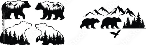 Bear silhouettes with double exposure mountains and pine forest scenery wildlife illustration set isolated on white background vector design