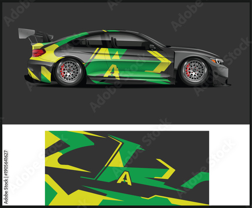 Side view of a green and yellow race car with detailed design