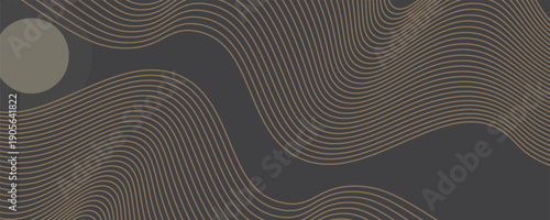 Vector abstract art landscape mountain with birds and sunrise with gold line art texture isolated on dark gray black background. eps10