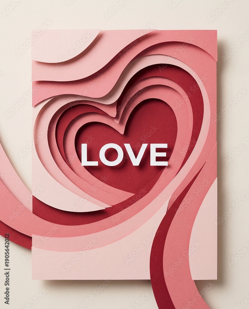 Obraz premium Layered Paper Cut Heart with Love Text in Soft Pink Tones, Romantic Valentine’s Day Background