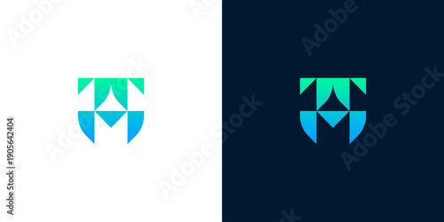 Modern abstract geometric crest logo design in a vibrant teal and blue gradient, subtly forming initial letters, perfect for corporate branding, technology, or business identity