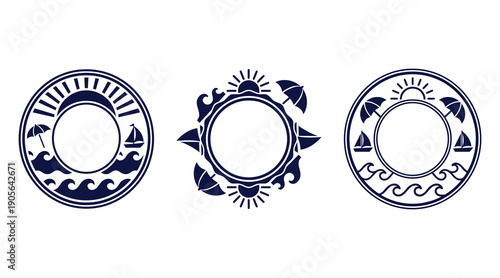 Set of round nautical summer badges with sun, waves, sailboat and umbrella icons.