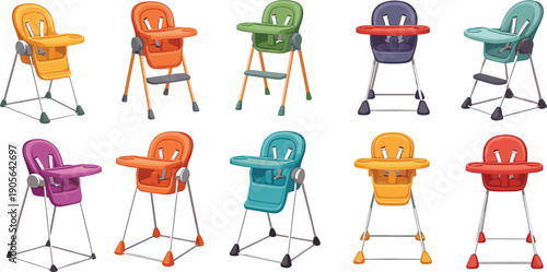 Baby High Chair Vector Illustration Set with Colorful Modern Toddler Feeding Chairs in Multiple Styles and Angles for Nursery and Child Care Design
