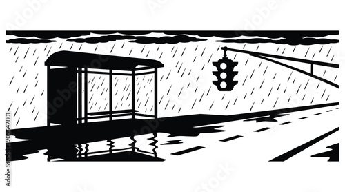 Rainy city street silhouette with bus stop and traffic light.