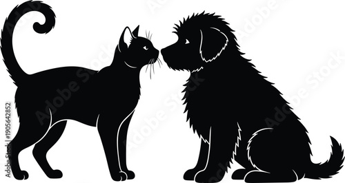 Cat and dog silhouette illustration showing cute pets facing each other in friendly interaction isolated on white background vector design