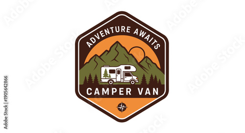 Camper Van Adventure Awaits Mountain Landscape Emblem.