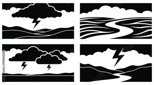 Thunderstorm landscape silhouette vector set with lightning and river.