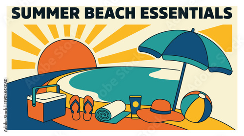 Retro vector illustration of summer beach essentials with sunset and holiday gear.