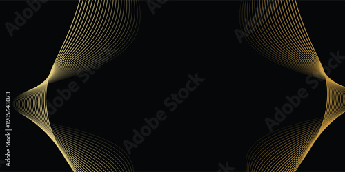Abstract circle wave lines, gradient light equalizer gold wavy curve. Round frame in luxury golden color isolated on black background. Editable stroke. Vector illustration with copy space