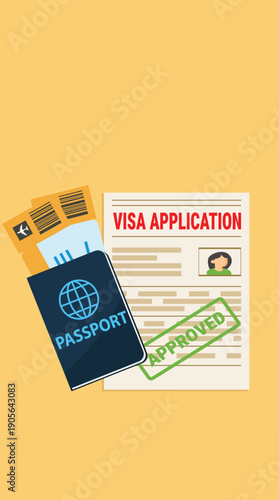 Visa application form with passport and tickets. Application visa. Document for travel. Travel approval. Immigration visa	