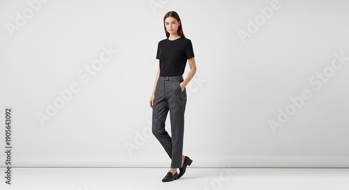 A full-length studio portrait of a woman standing confidently. She is wearing a basic black t-shirt, dark grey trousers, and black loafers against a white background