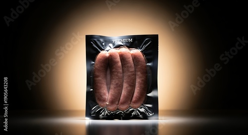Vacuum sealed sausage package with dramatic lighting and copy space
