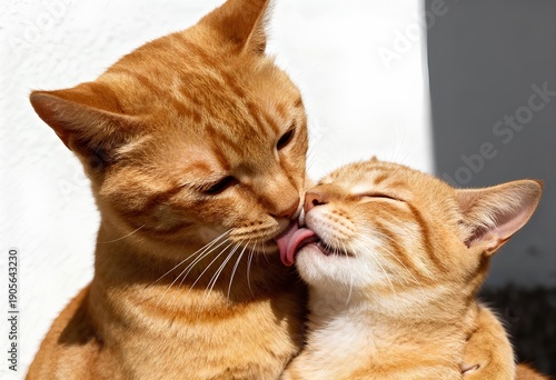 A heartwarming scene of two orange cats, one adult and one kitten, sharing a gentle moment together in sunlight.