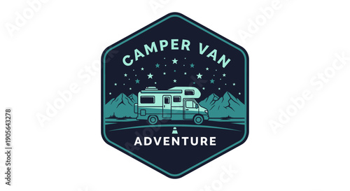 Camper Van Adventure Emblem with Mountains and Stars.