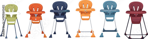 Baby High Chair Vector Illustration Set with Modern Colorful Toddler Feeding Chairs in Front View for Nursery and Child Care Design