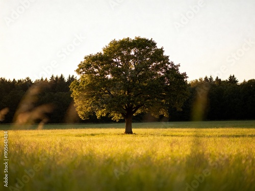 A majestic tree stands alone in a lush, golden field, surrounded by gentle grass and a backdrop of dark green forest at sunset.