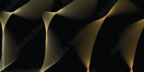 Abstract circle wave lines, gradient light equalizer gold wavy curve. Round frame in luxury golden color isolated on black background. Editable stroke. Vector illustration with copy space