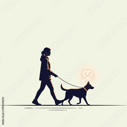 Minimalist illustration depicting a silhouetted person enjoying a peaceful walk with their beloved canine companion, highlighting pet ownership and the special bond