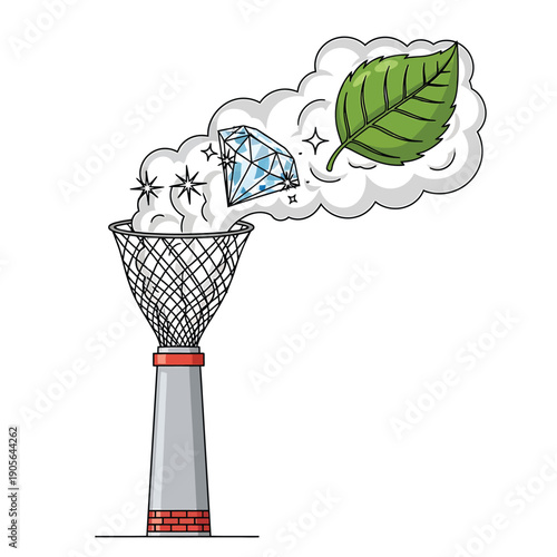Conceptual factory chimney transforming emissions into valuable diamonds and green leaves, symbolizing environmental innovation and sustainability