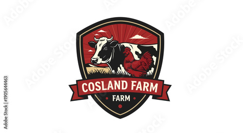 Cosland Farm Logo with a Detailed Dairy Cow and Farm Scenery.