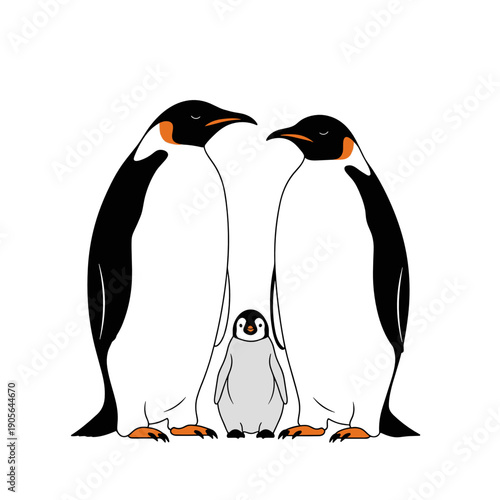 Two adult penguins, parents. There is a baby bird between them. Vector illustration.