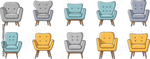 Cute Armchair Vector Illustration Set with Colorful Modern Lounge Chairs for Interior Design, Living Room Decor, Furniture Apps, Children Friendly UI, and Home Styling Graphics