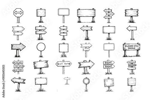 Set of hand drawn wooden road sign doodle sketches for direction pointers