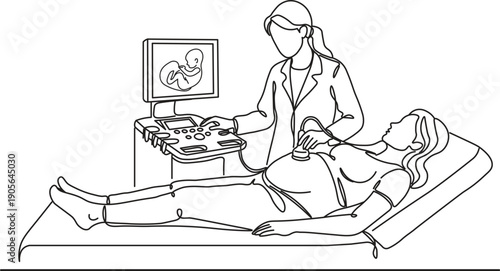 Prenatal Ultrasound Examination Line Art, Doctor Performing Pregnancy Scan with Fetal Monitor Display