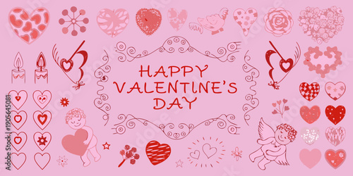 A collection of hand drawn valentine s day themed doodles in shades of pink