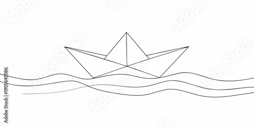 Simple line drawing of a paper boat floating on wavy water