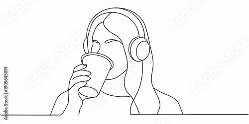 A continuous line drawing of a woman with headphones enjoying a drink